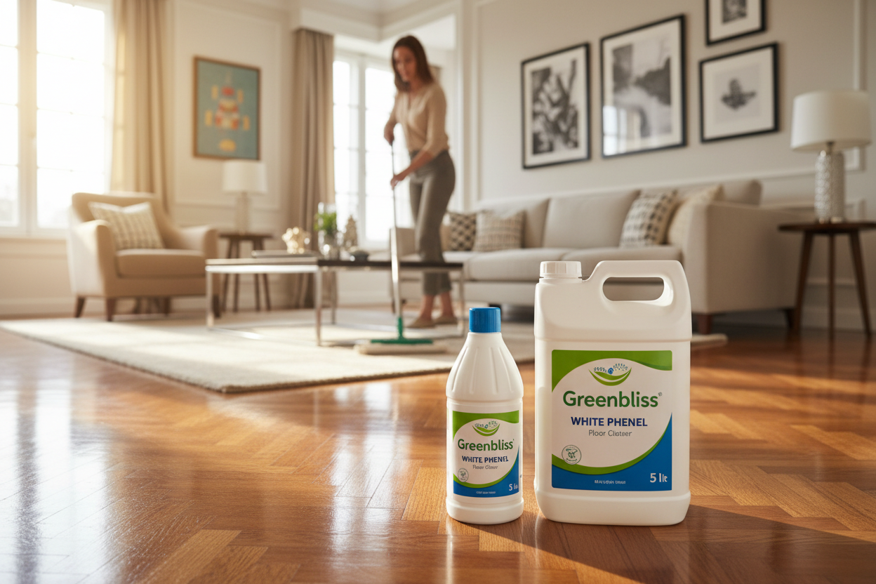 Greenbliss White Phenyl 1L and 5L in living room with mopping